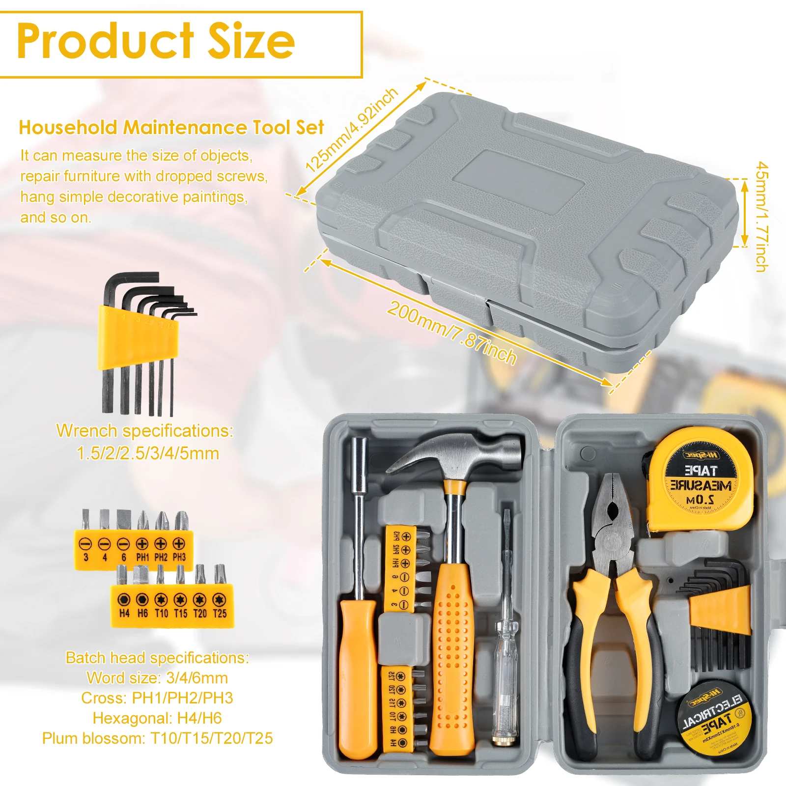 24 Pieces Home Repair Tool Kit Portable Home Hand Tool Box Durable Multi-Purpose Hammer & Allen Key Set with Storage Box