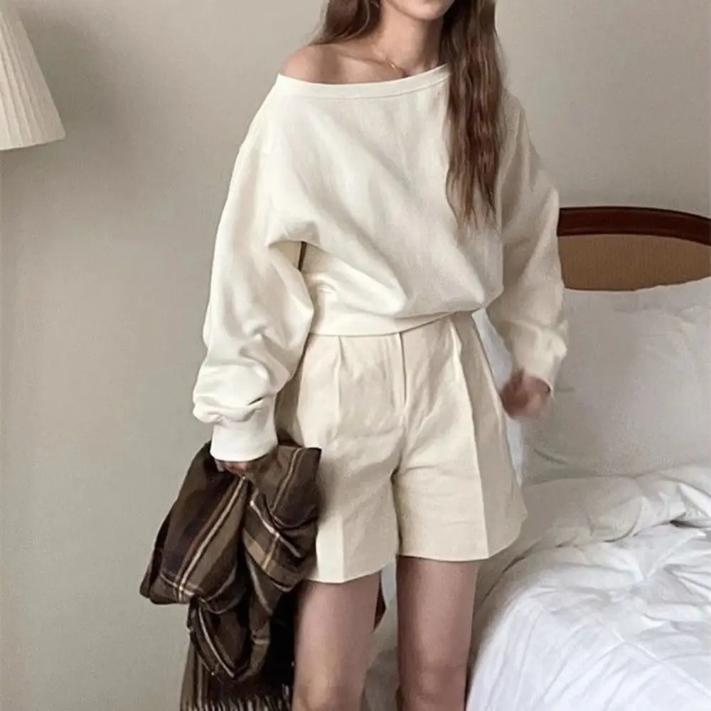 

Chic Retro Long Sleeve T Shirt Loose Casual Off Shoulder Blouse Solid Color Stylish Autumn Hoodie Crop Top Streetwear