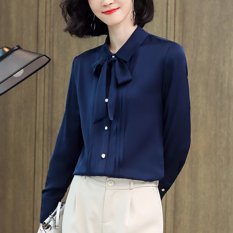 

Элегантная офисная женская блузка с бантом и отложным воротником, с длинным рукавом, из натурального шелка, однотонная