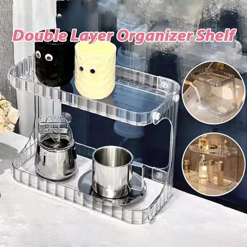 Double Layer Organizer Shelf for Makeup Large Capacity Cosmetic Holder Rack Durable Storage Box for Vanity Bathroom Desktop