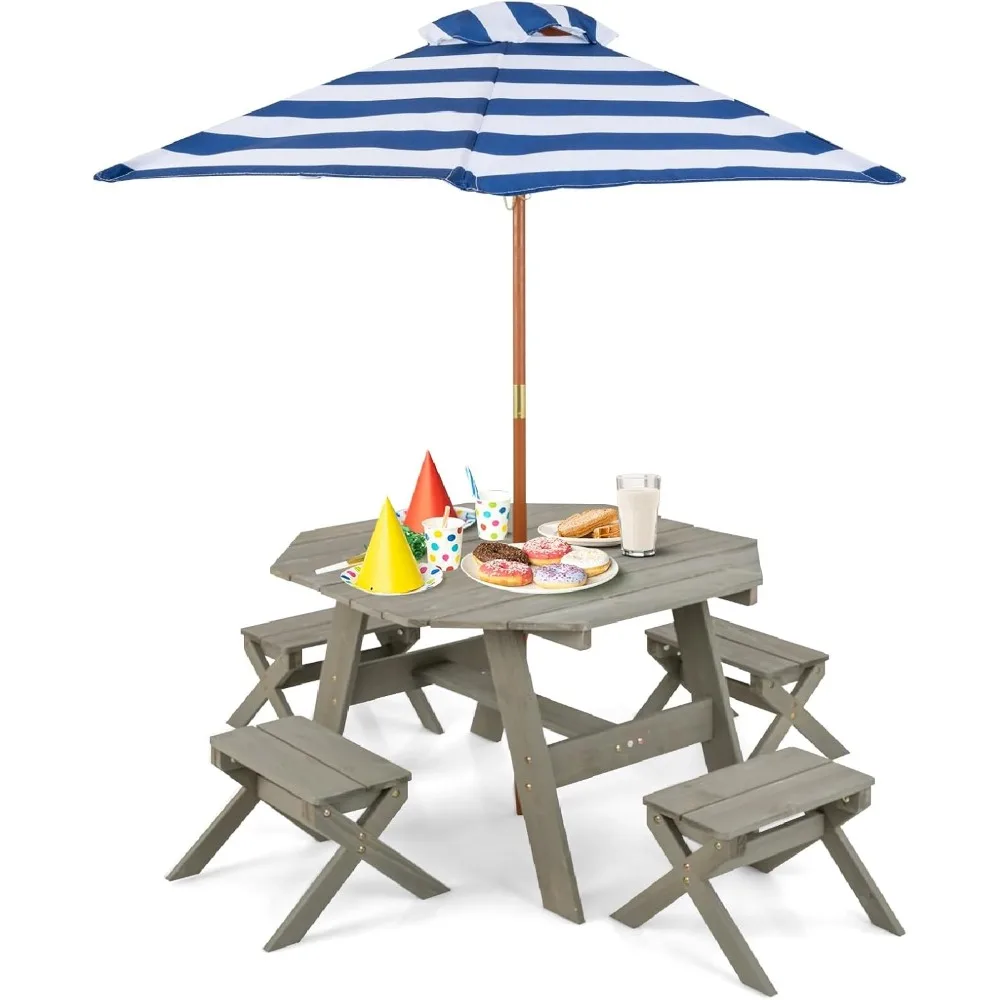 

Kids Picnic Table, Fir Wood Octagon Kids Table and Chair Set with Removable Umbrella, Toddler Activity Table for Backyard