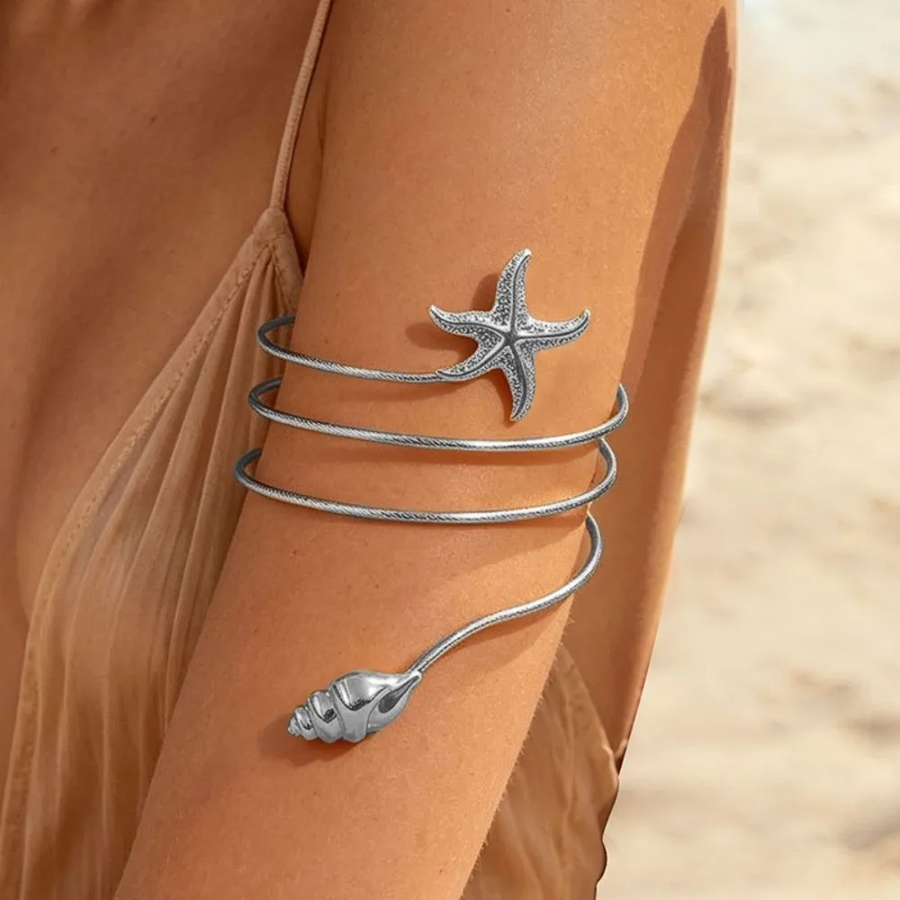 New Starfish Upper Arm Cuff Bracelet Water Drop Conch Cuff Arm Ring Gold Color Metal Spiral Arm Bracelet Women
