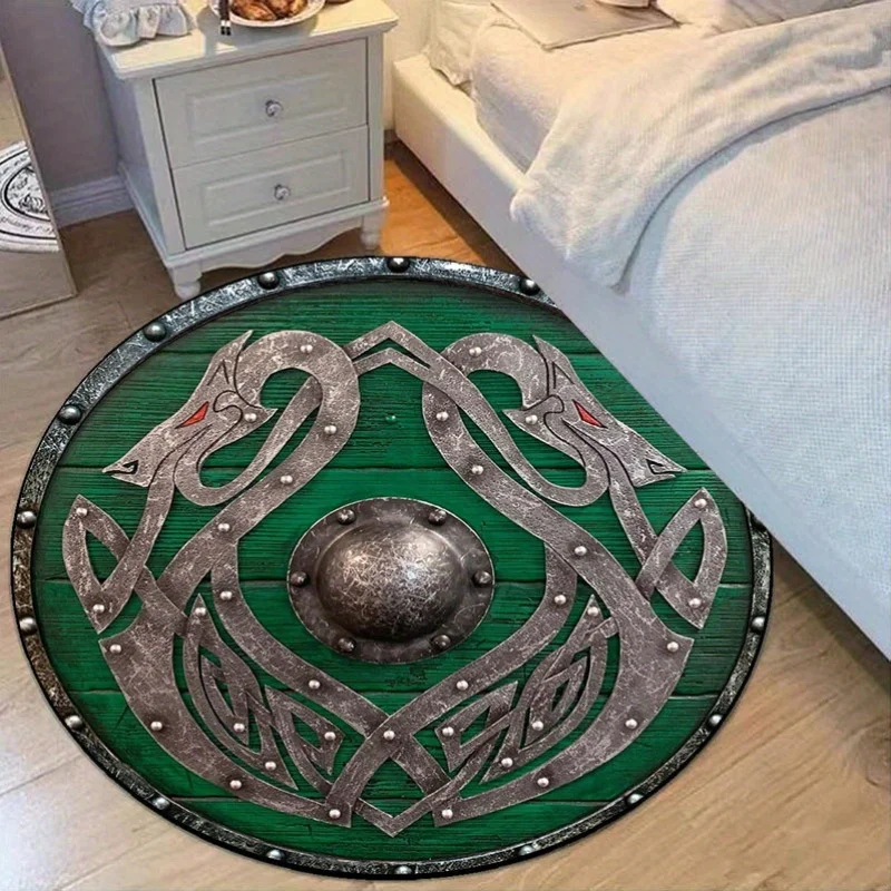 Viking Shield Sea Dragon Rug,  Non-Skid Mat, Battleworn Green Valhalla Decor for Living Room, Bedroom, Yoga Space