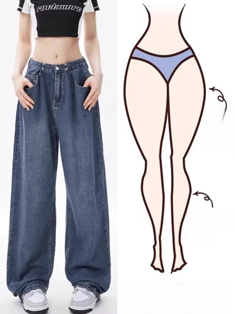 

Retro Blue Straight Leg Denim Jeans Women's Spring Autumn High Waist Loose plus Size Drapey Slimming Wide Leg Floor-Length Pants