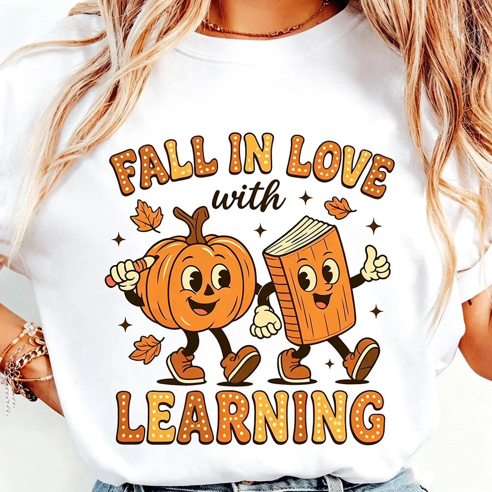 Fall In Love With Learning Matching Teacher Graphic T Shirt Cartoon Pumpkin Pencil Leaf Ruler Palette Unisex Cotton Casual Tee