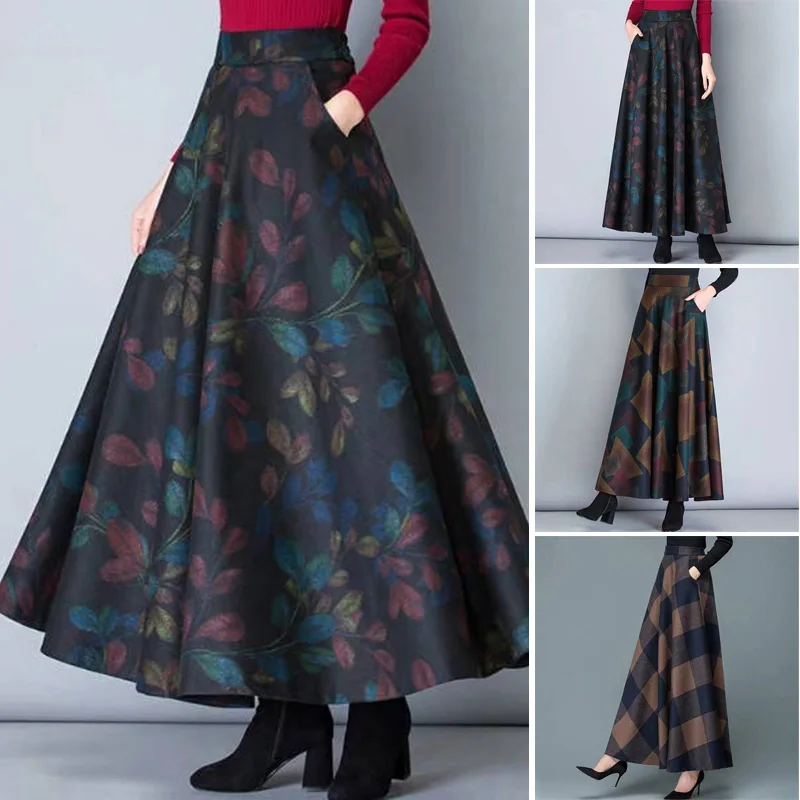 Women's Autumn Winter Retro Printed High Waist Loose Skirt Large Swing Pleated Fashion Office Skirt Temperament Skin-touching