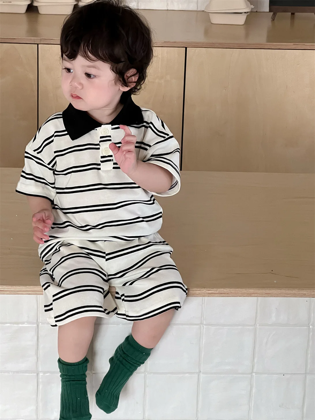 

Summer Baby Short Sleeve Clothes Sets 2025 Korean New Boys Suits Lapel Collar Striped T Shirt Shorts 2Pcs Toddler Casual Outfits