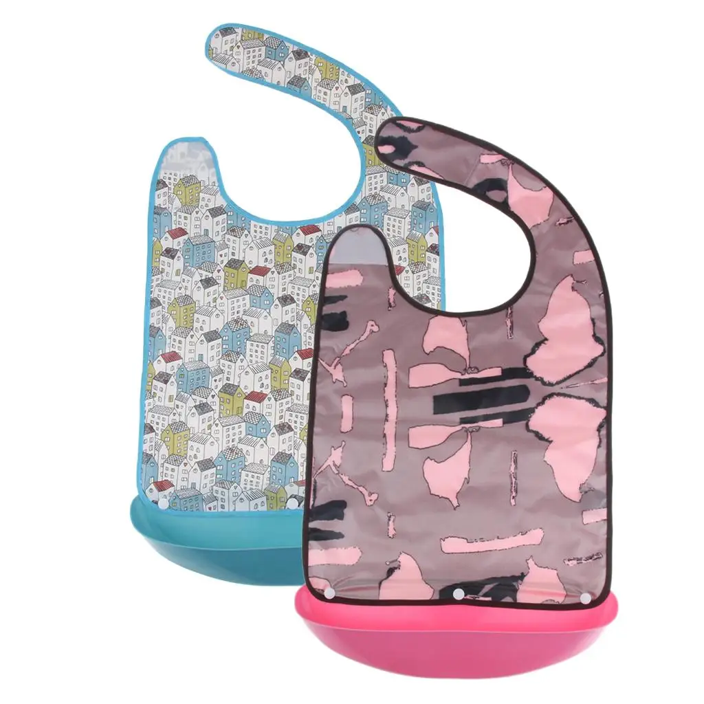 Adjustable Adult Bib with Food Catcher Waterproof Anti-oil Meal Protector Aid Bib for Elderly Dining Assistance