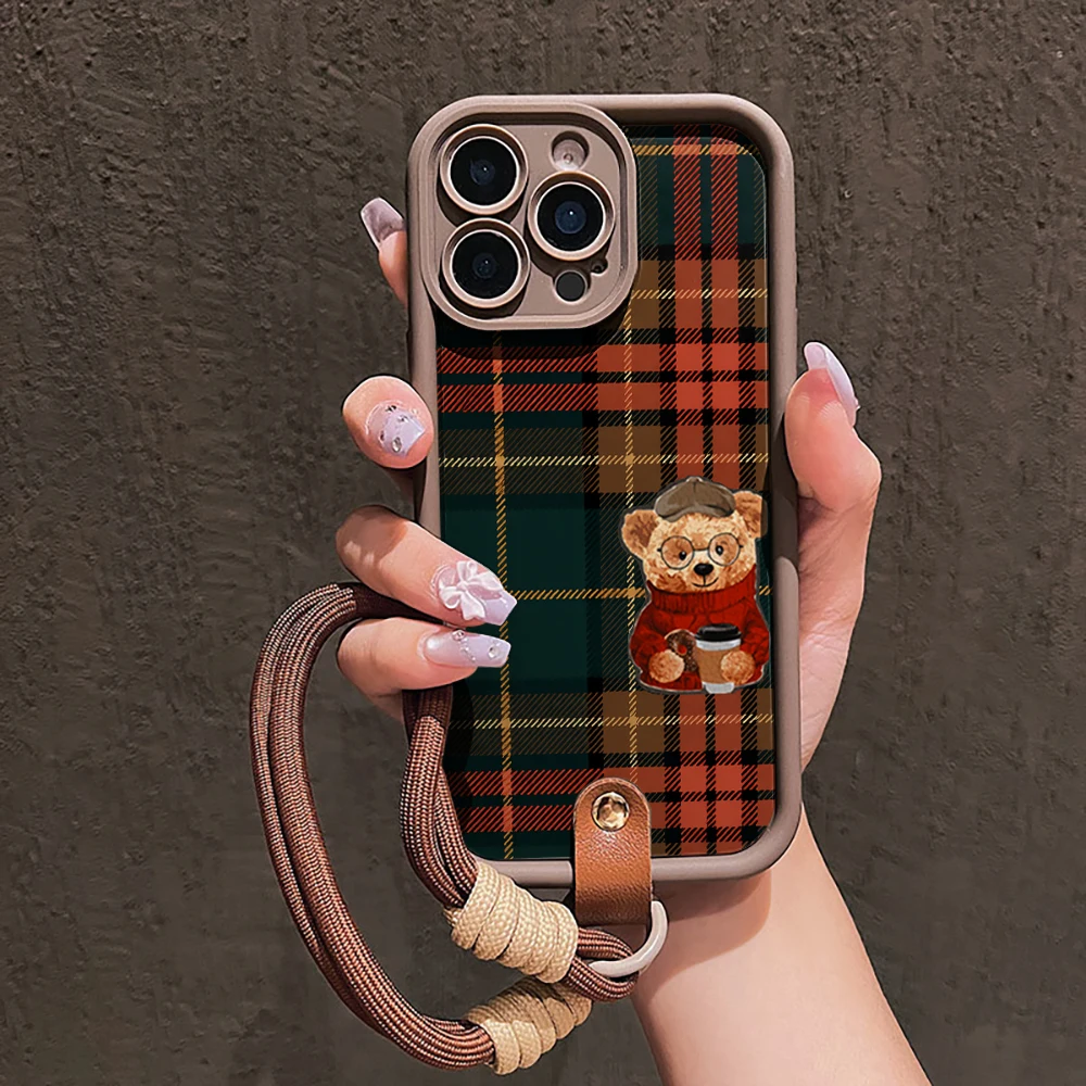 With Lanyard Checkered Bear Phone CaseFor Samsung Galaxy S21 S25 S24 S23 S26 S22 Ultra Plus FE Case A36 A54 A56 A55 A16 Funda