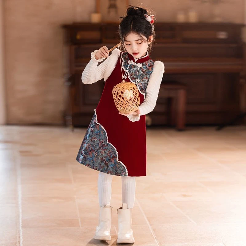 فستان بناتي شتوي جديد لعام 2025 من Hanfu Qipao فستان سترة حمراء + طقم سترة ملابس السنة الصينية الجديدة للأطفال فستان حفلات الزفاف المسائية