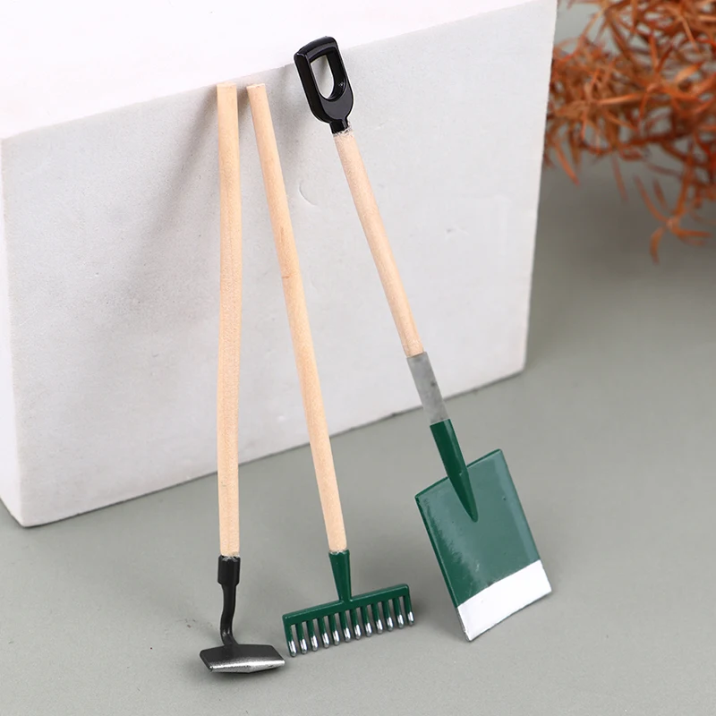 3Pcs 1:12 Scale Dollhouse Garden Tool Furniture Miniature Shovel Hoe and Pitchfork Farming Tools Furniture Toys