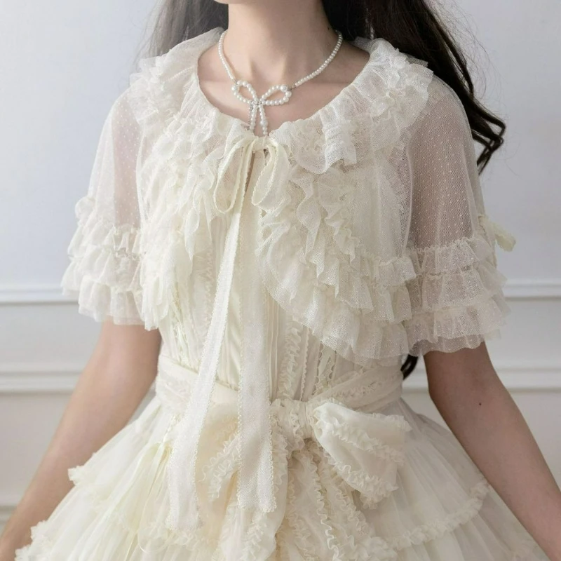 Summer Sweet Lolita Short Shawl Coats Women Kawaii Ruffles Lace Mesh Bow Open Front Poncho Vintage Elegant Princess Capes Wrapa view 2
