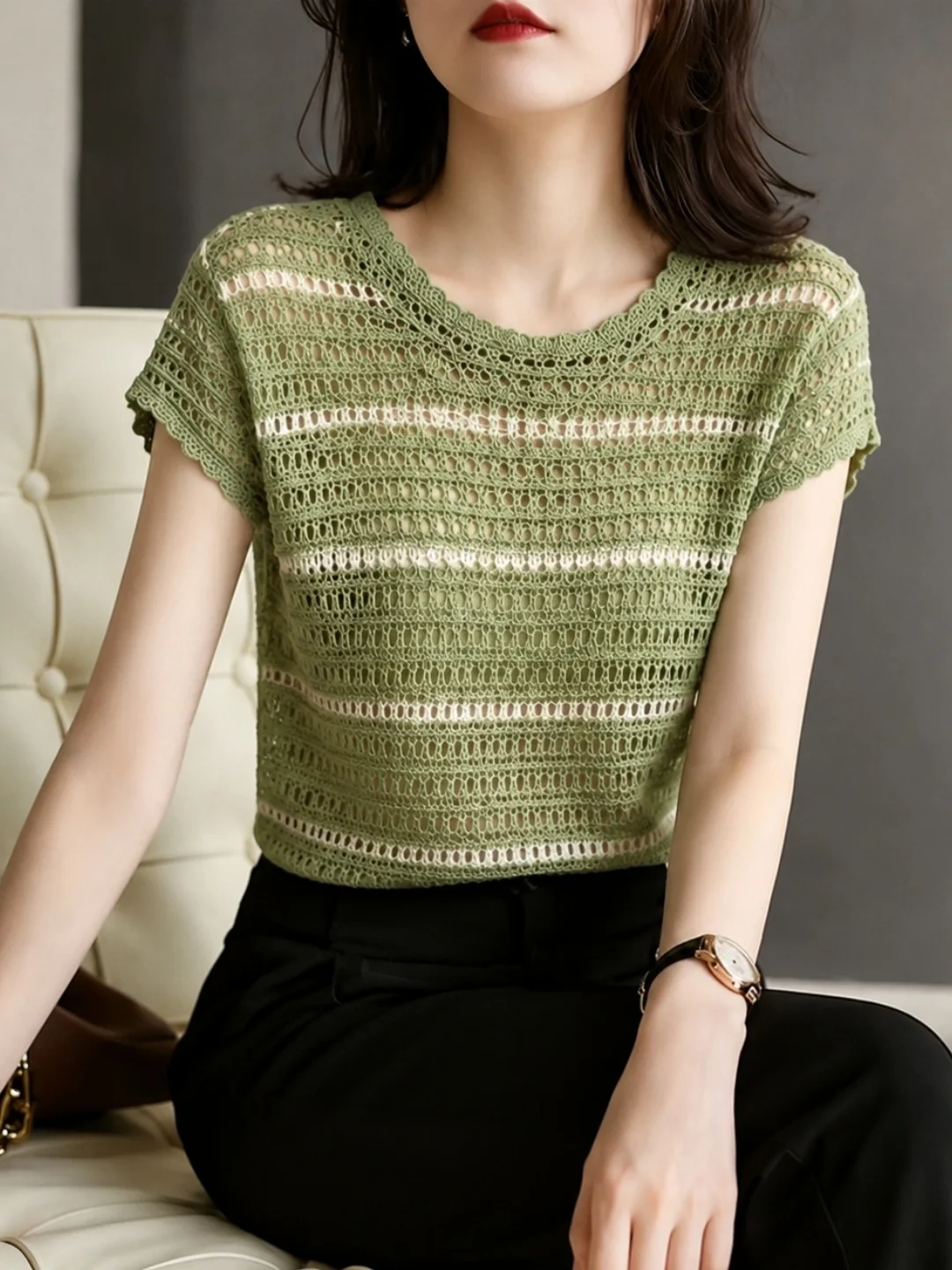 Women's Commuter Style Short Sleeve Knitted Hollow out Striped T-Shirt Color Block Design Summer Fashion Versatile Top