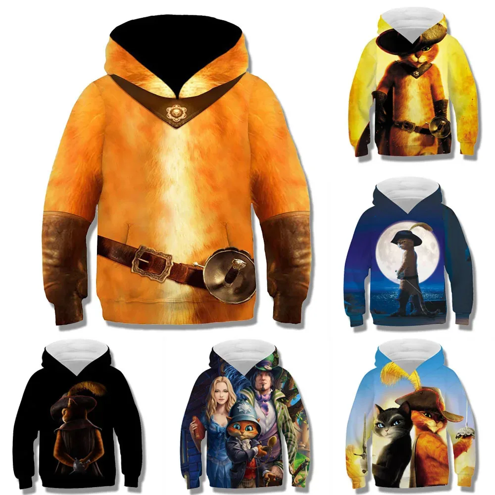 Sudadera con capucha de gato en botas para niños, disfraz de Cosplay, camiseta, ropa de calle informal, jersey con estampado de Roleplay, Halloween