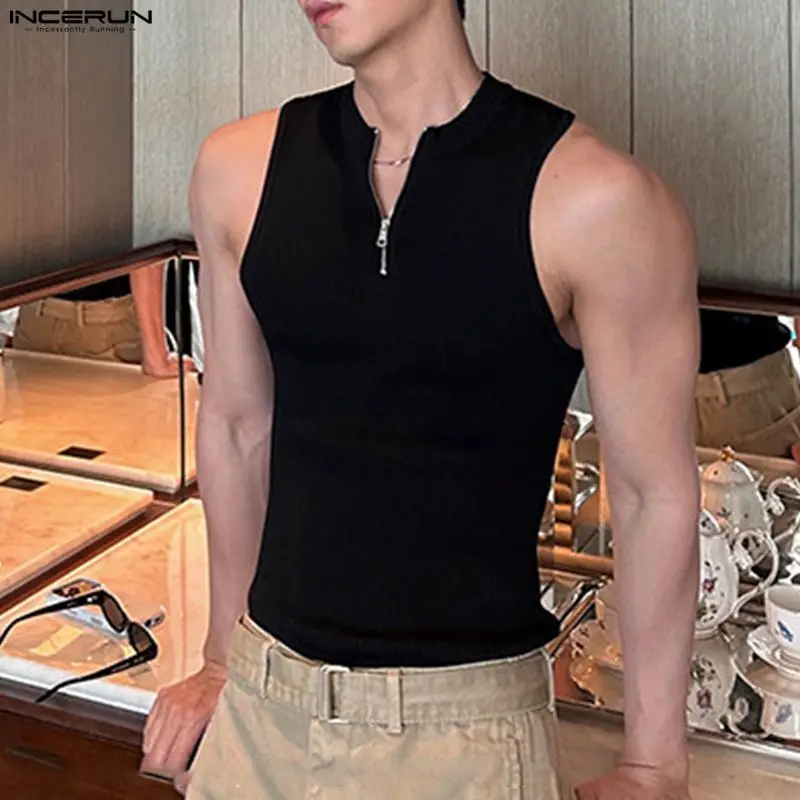 INCERUN Men's Tank Tops Solid Color Knitted Zipper Sleeveless Men Clothes Summer Streetwear 2026 Fashion Casual Male Vests Tops