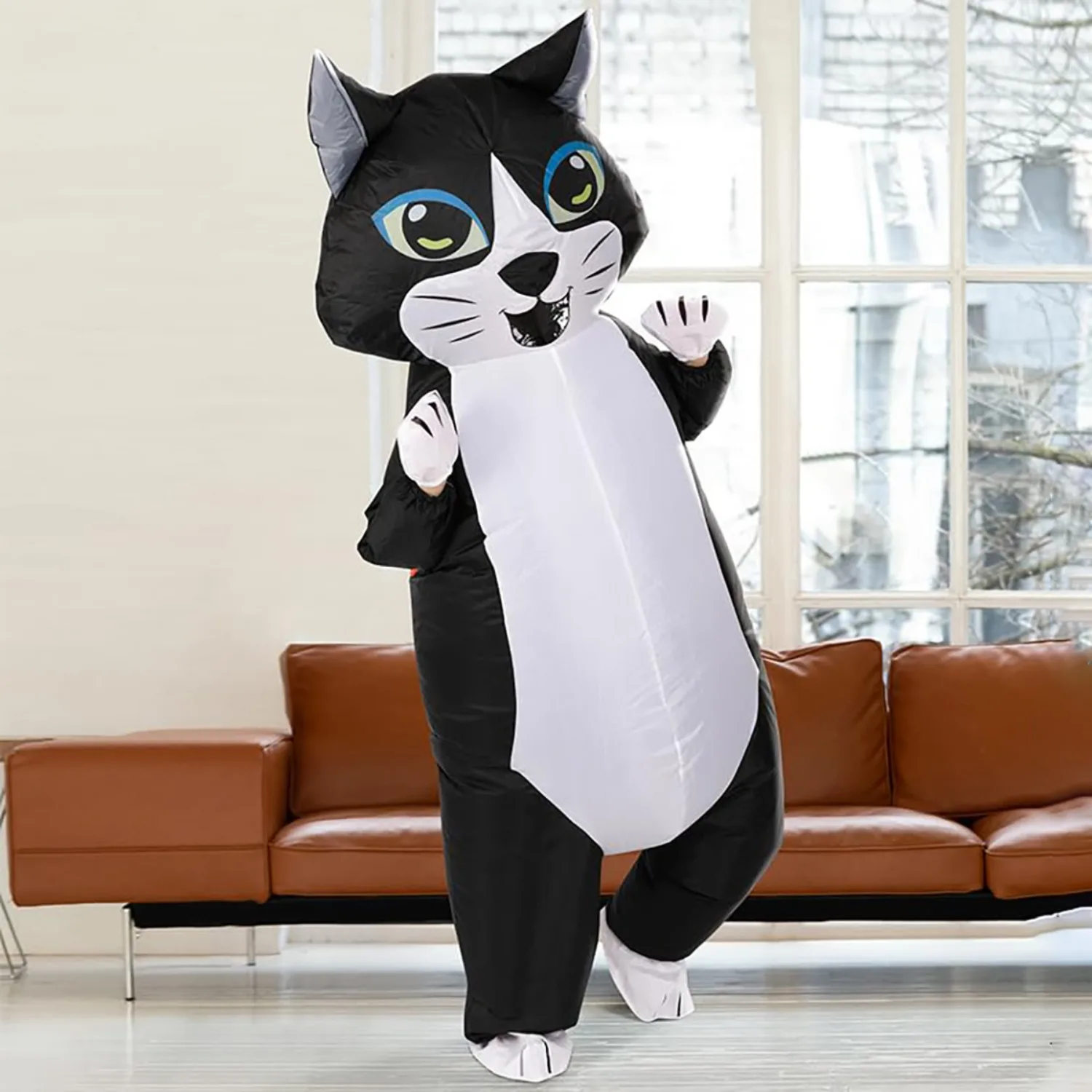 Inflatable Cat Costume Adult, Black White Funny Cat Blow Up Costume with Paws and Ears for Halloween Party, Dress Up Events view 4