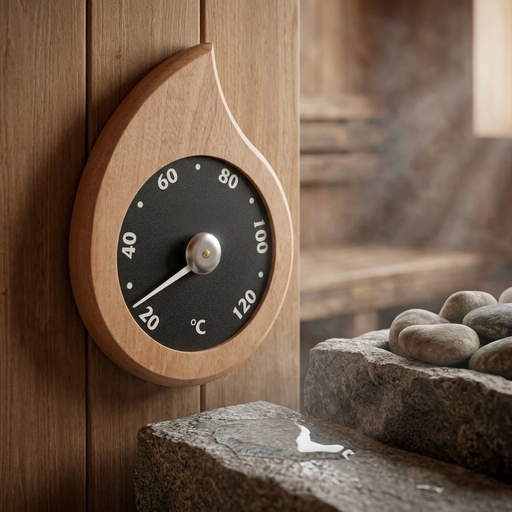 Sauna Thermometer Composed of Natural Wood for Fahrenheit Use with Attention to Number Scale and Humidity-Enduring Frame