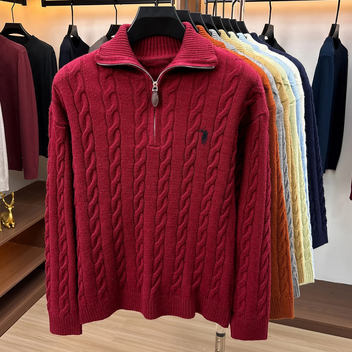 Herbst Winter Neuer Pullover Klassische Mode Jacquard Herren Retro Reißverschluss Stehkragen Luxus Paul Pony Stickerei Lässiger Strickpullover – Detail 26