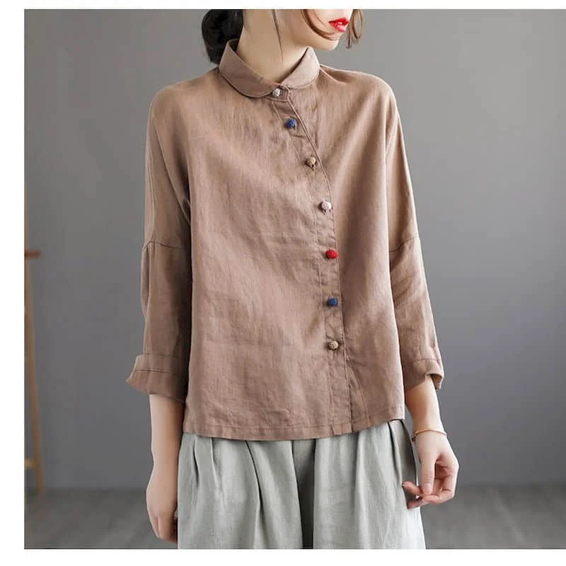 Cotton Linen Shirts Women Vintage Solid Polo-neck Loose Long Sleeve Casual Korean Style Single Breasted Blouse Women Office Tops