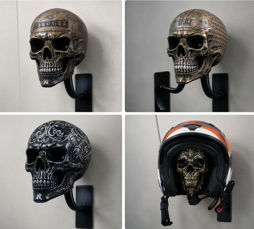 Wall Mount Skull Helmet Holder Resin Motorcycle Helmet Rack Hat Hanger Display Bracket Garage Home Decor Gift for Bikers