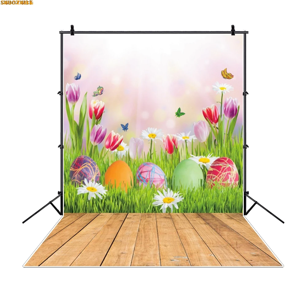 

Happy Easter Photography Backdrop Spring Wood Board Green Grass Rabbit Bunny Eggs Baby Shower Kids Portrait Background Studio