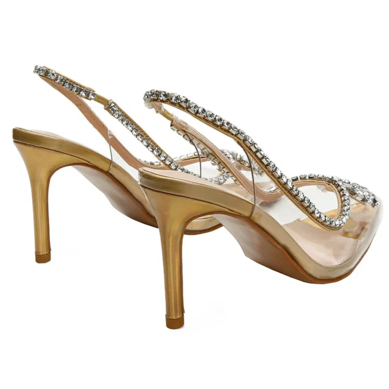 New Spring and Summer Women\'s High Heels Pointed Transparent Rhinestone Chain Fashion Stiletto Sandals Back Empty Single Shoes