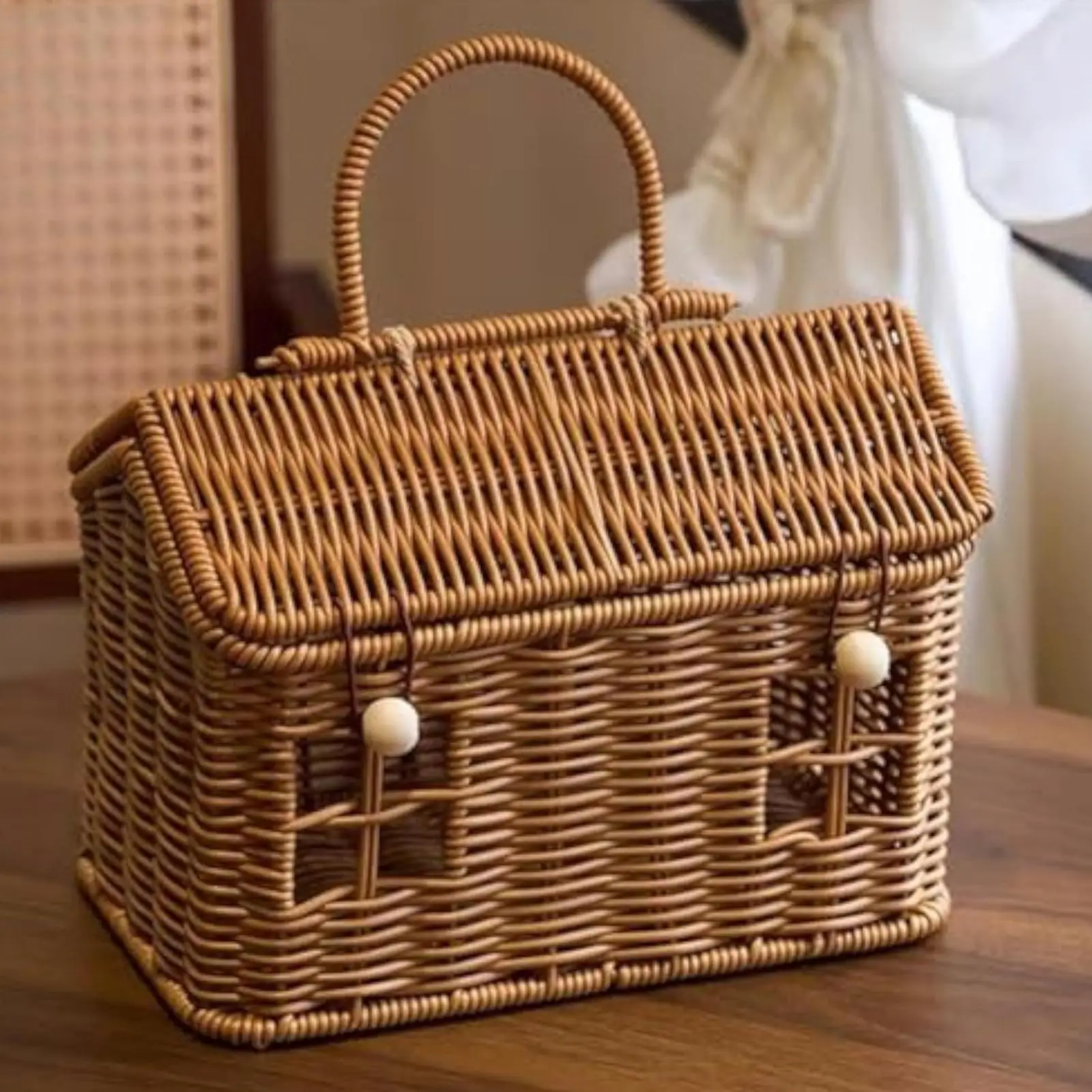 Rattan-Aufbewahrungskorb in Hausform mit Deckel, Organizer-Box für Zuhause, Schrank, Speisekammer, Organisation, Spielzeug, Decken, Bücher, Picknick-Zubehör