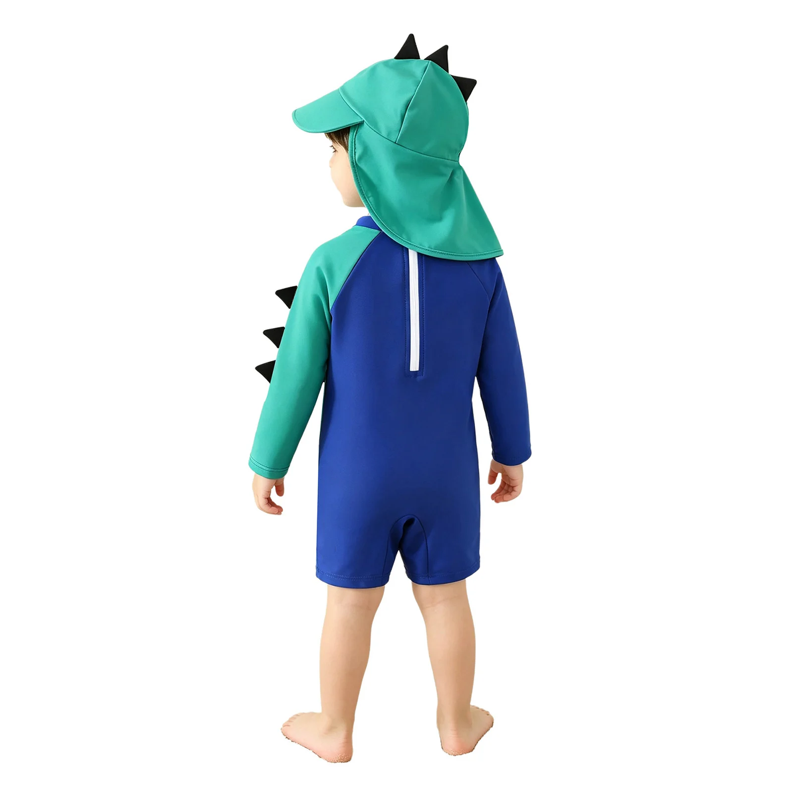 6M-3Y Baby Toddler Boys Long Sleeve Back Zipper Dinosaur-patterned One-piece Swimwear with Hat for Beach Pool Hot Spring