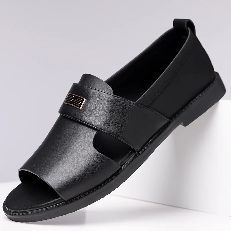

Fashion Men's Sandals High Quality Cowhide Leather Sandals Summer Peep Toe Beach Sandals for Men Outdoor Casual Sport Sandalias