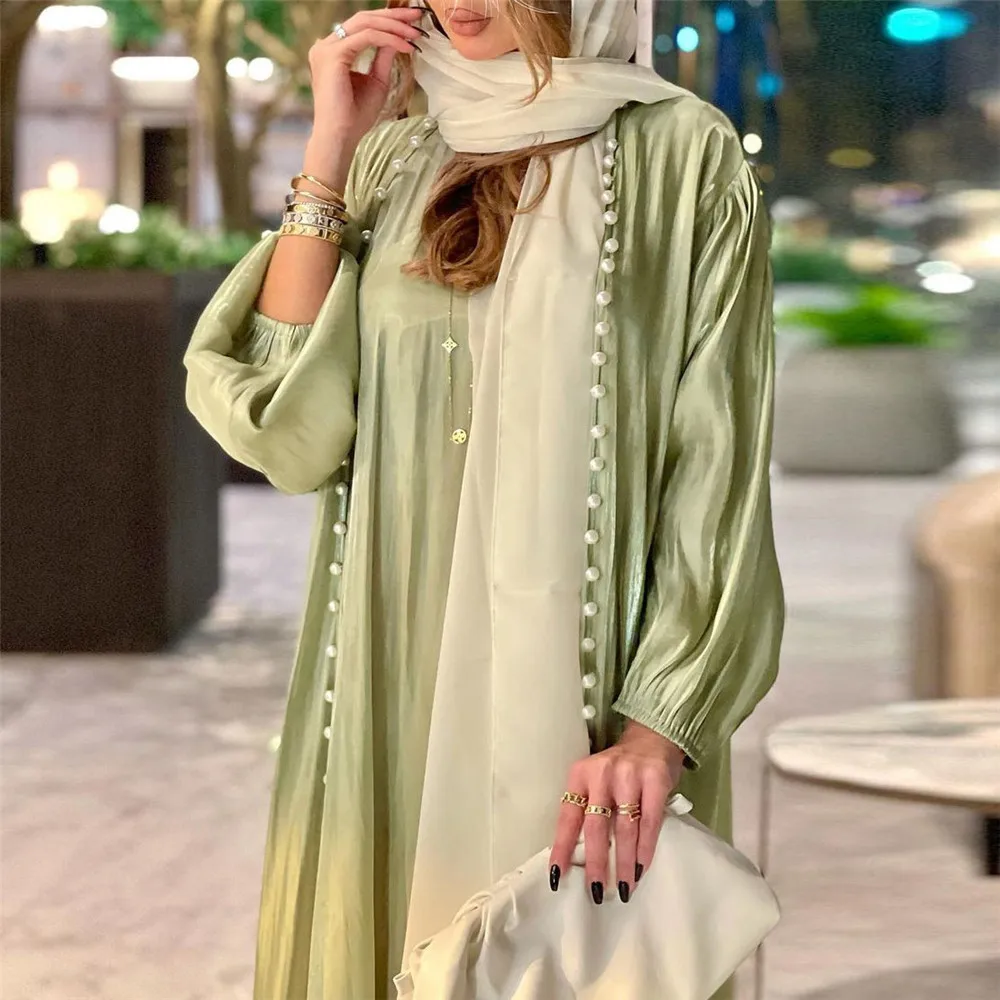 Imagem -03 - Kimono Aberto de Contas de Cetim para Mulheres Abaya Dubai Turquia Kaftan Mulheres Muçulmanas Vestido Maxi Conjunto de Peças Túnica Islâmica Ramadan Eid Mubarak 2023