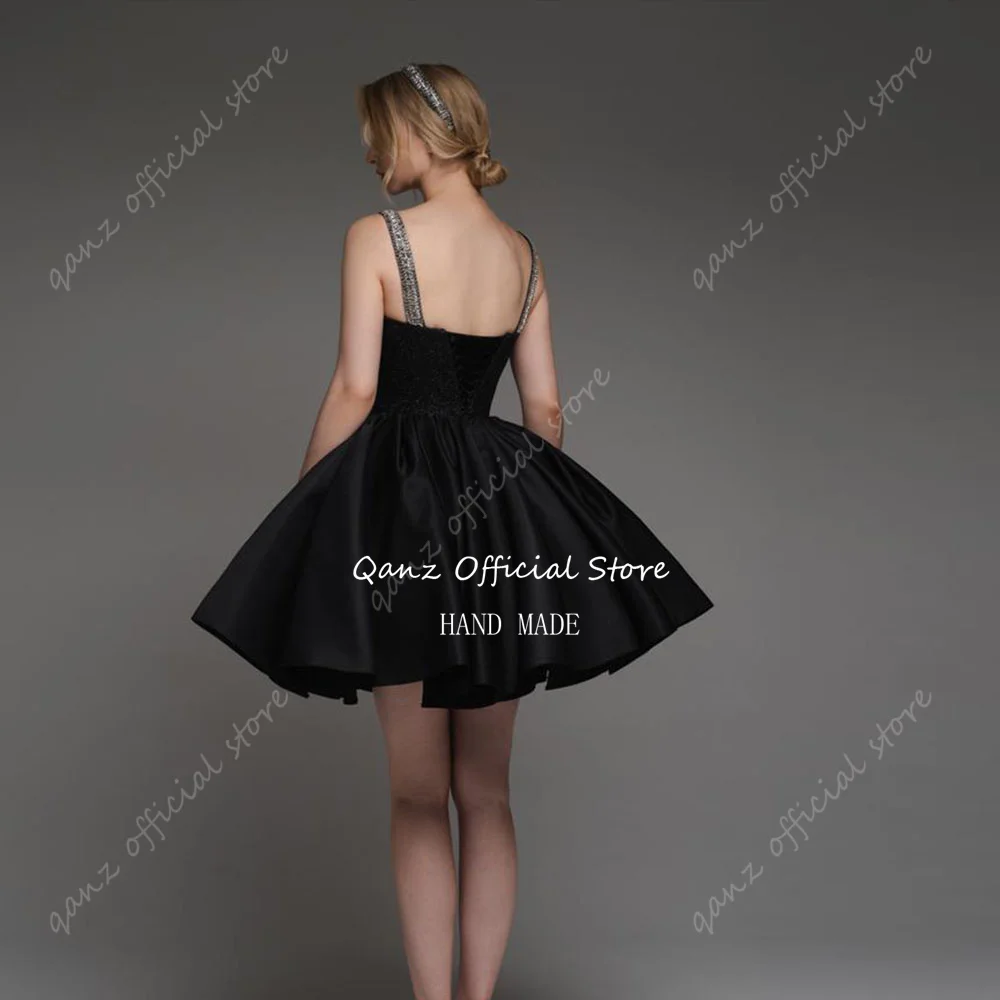 Qanz Black Short Prom Dresses Spaghetti Straps Sweetheart Graduation Dress A Line Abiti Da Cocktail Special Occasion Customized