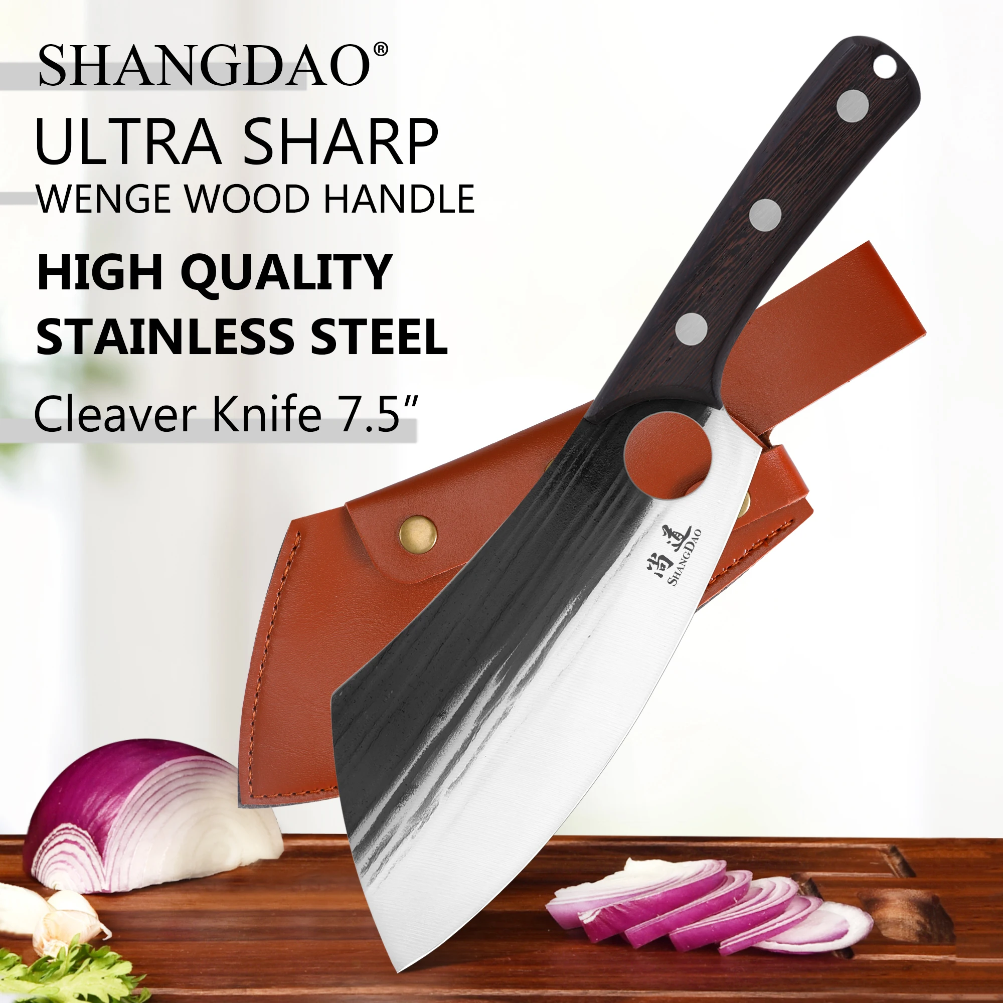 SHANGDAO Professional 7.5 Inch Meat Cleaver Knife, Meat Cutting Hand Forged Butcher Knife with Leather Sheath Kitchen Knives