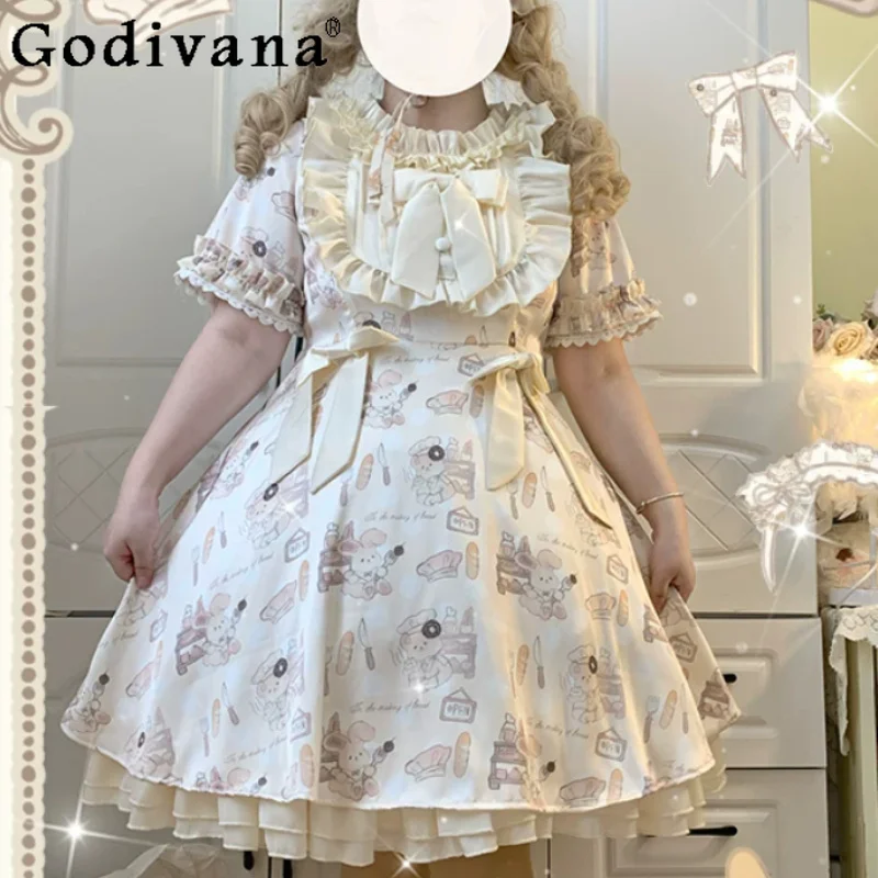 

2026 Large Size 3XL Lolita Short Puff Sleeve Op Princess Dress Sweet Girl Bow High Waist A-line Versatile Age Reduction Dresses