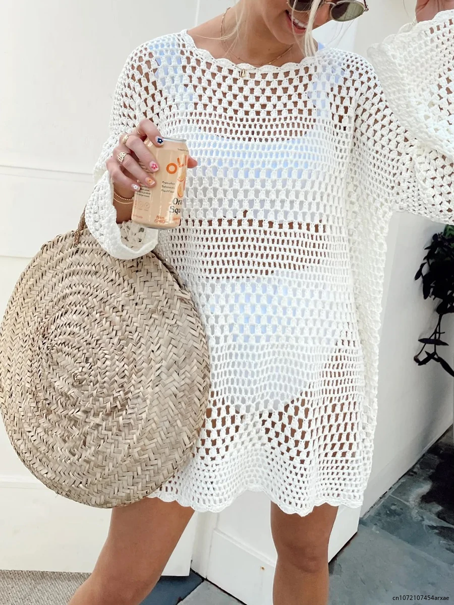 2024 Women Long Sleeve Crochet Knit Mini Dress Colorful Bikini Cover Ups Dress Sexy Hollow Out Beach Tunic Dress