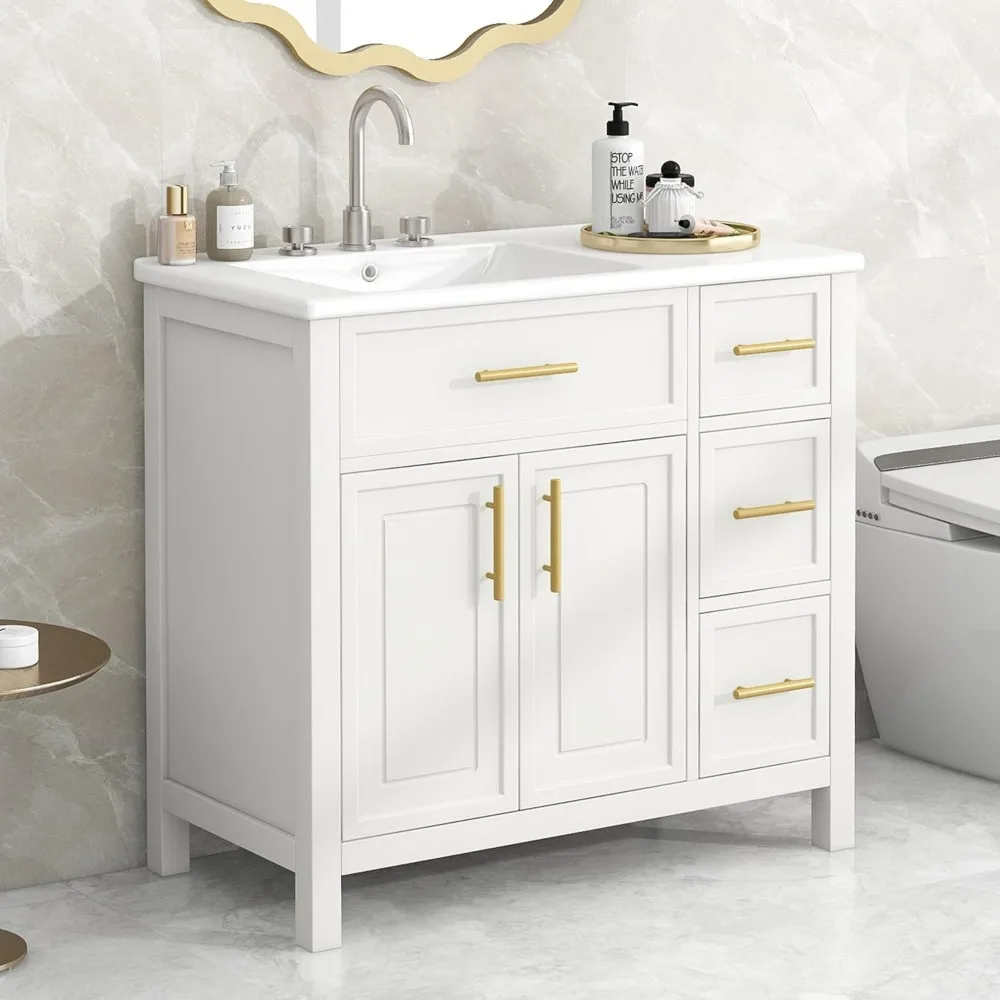 

36" Bathroom Vanity with Sink Combo, Single Bathroom Sink Cabinet with 3 Drawers & 2 Doors, Solid Wood Bathroom Vanity Set