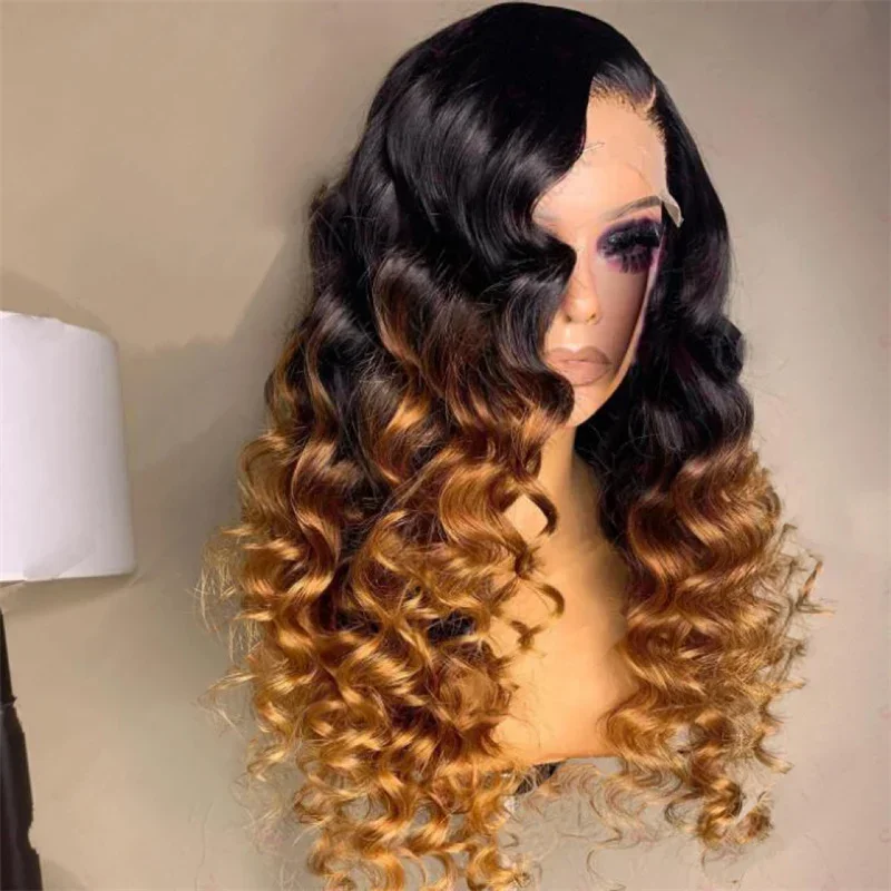 Wig Rambut Keriting Ombre Pirang Panjang 26 Inci, Lembut, Kepadatan 180, Model Deep Wave, Lace Front, Preplucked dengan Baby Hair, Tanpa Lem, untuk Wanita, Cocok untuk Sehari-hari