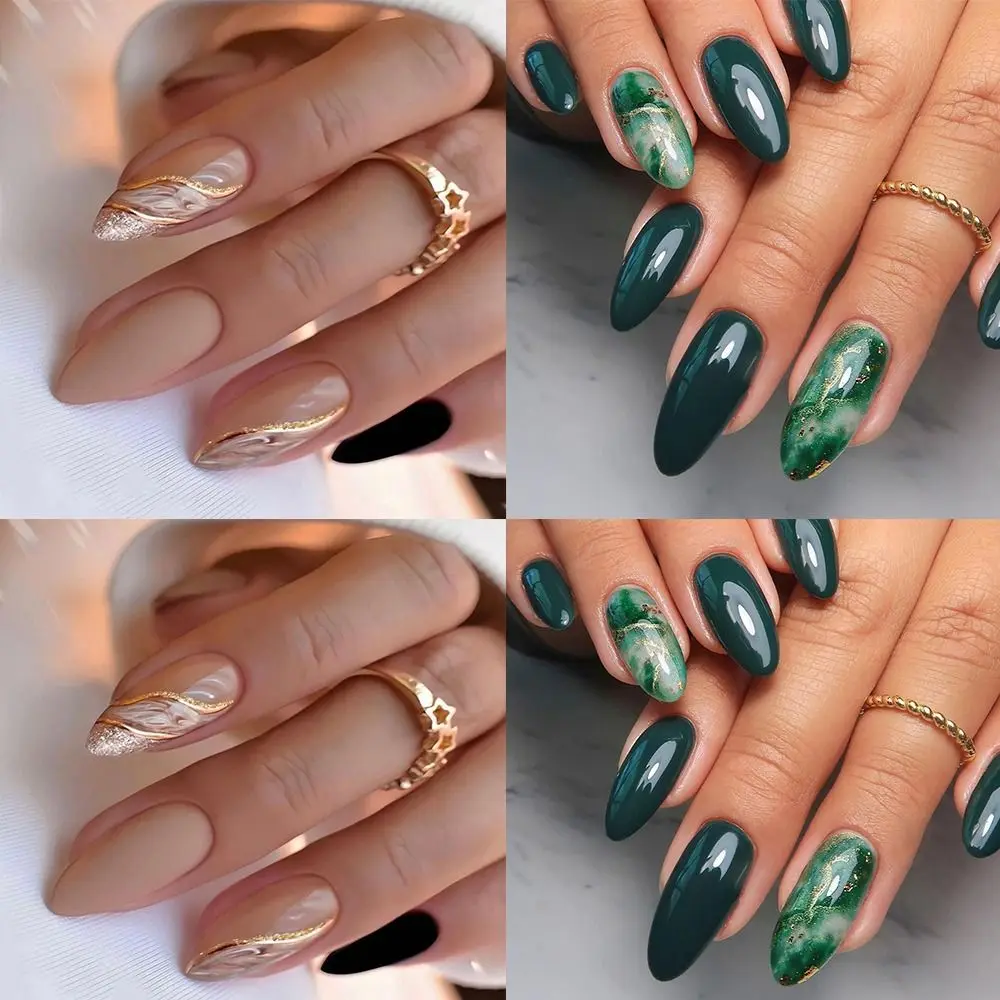 Manicure Long Almond False Nails Simple French Fake Nials Golden Lines Green Color Press on Nails Women