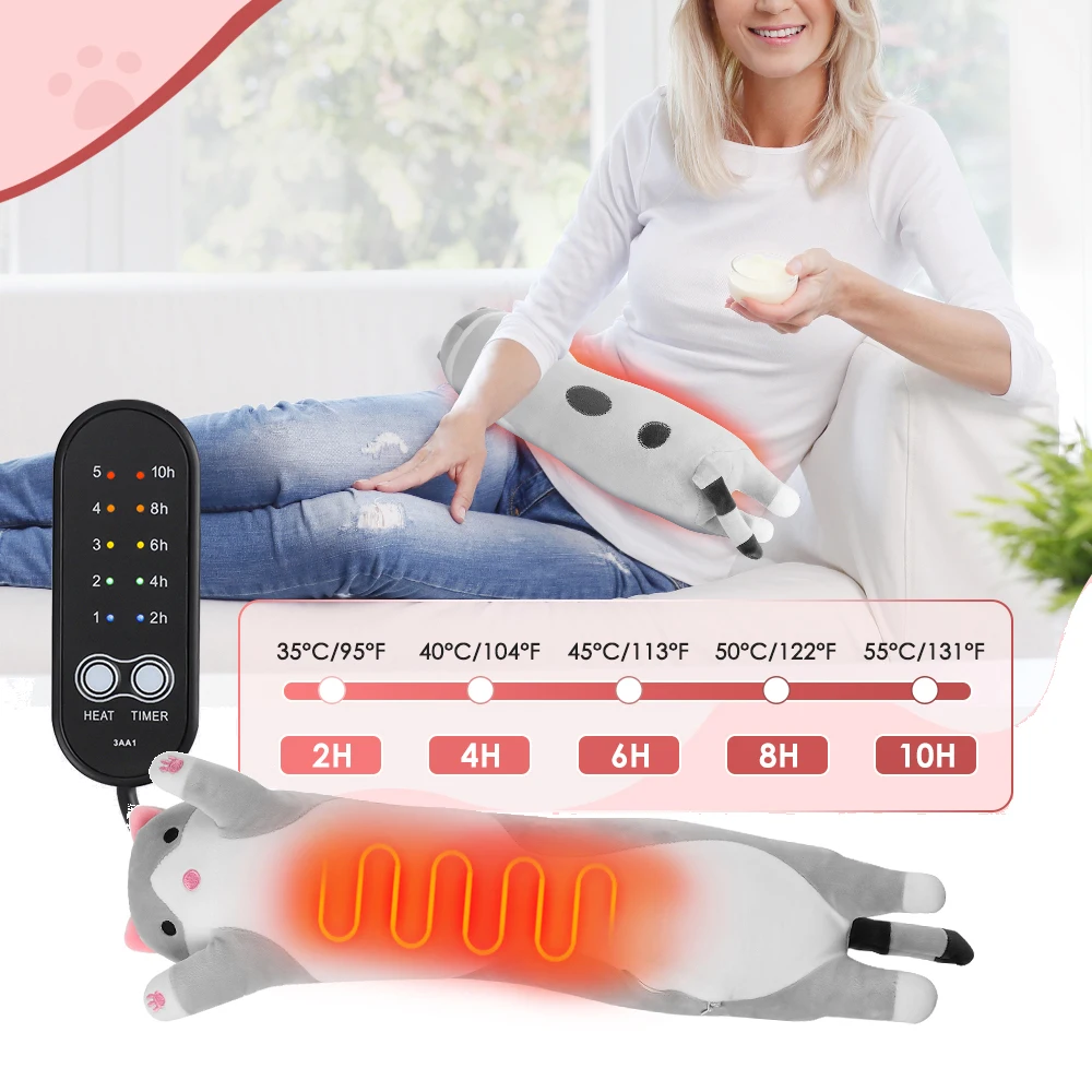 USB Charging Heated Plush Cute Cat Throwing Pillow Electric Heating Pad For Period Cramps Menstrual Waist Warming Heating Pad