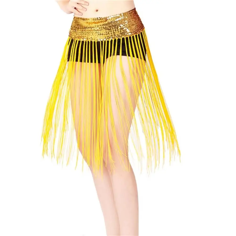 Boho Creative Belly Dance Belt Glitter Sequins Wrap Skirt Sequin Waist Chain Long Tassel Classic Hip Scarf Skirt Belly Dancing
