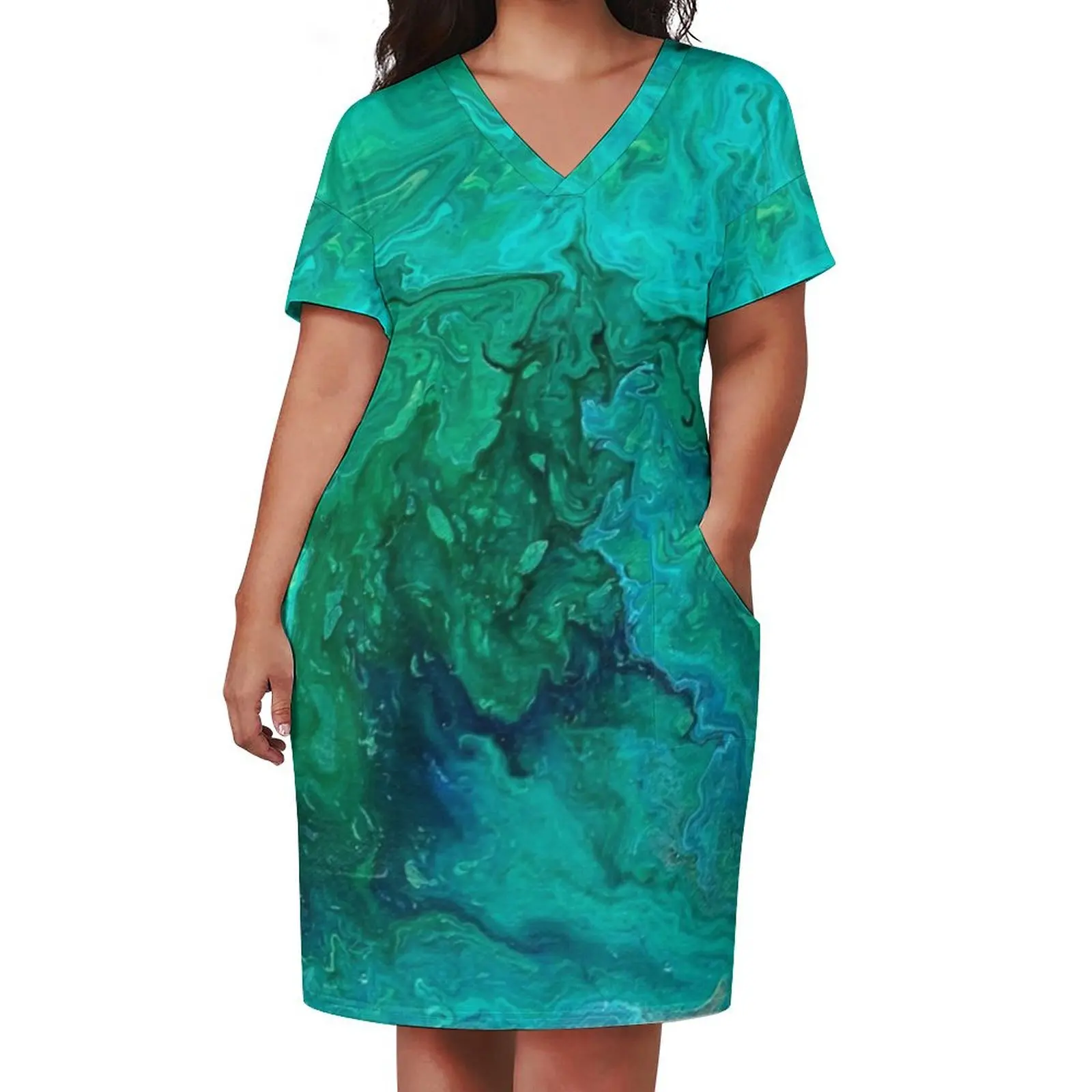 Green Acrylic Pour Art Loose Pocket Dress Elegant gowns Long dress woman dresses with long sleeves luxury woman evening dress