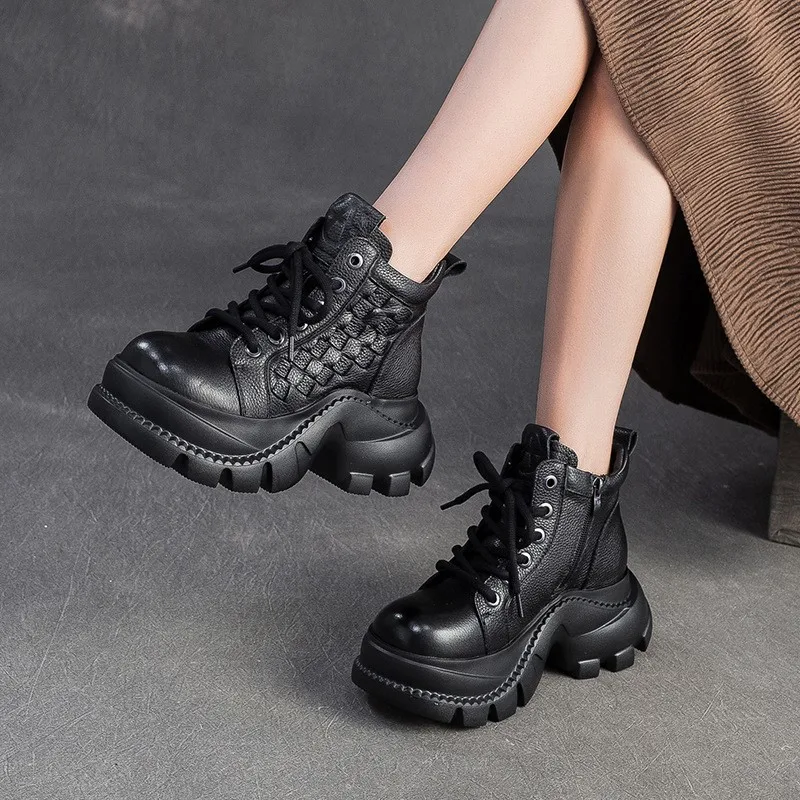 

GKTINOO Retro Genuine Leather Thick Soled Short Boots Autumn Winter 2026 New Comfortable Side Zipper Women's Platform Shoes