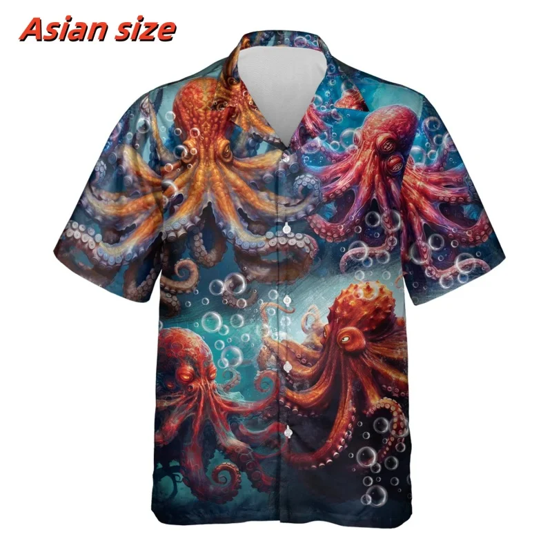 Colorful Tentacles Pattern Hawaiian Shirt For Men Marine Life 3D Print Blouse Summer Loose Short Sleeve Lapel Tops Aloha Shirts