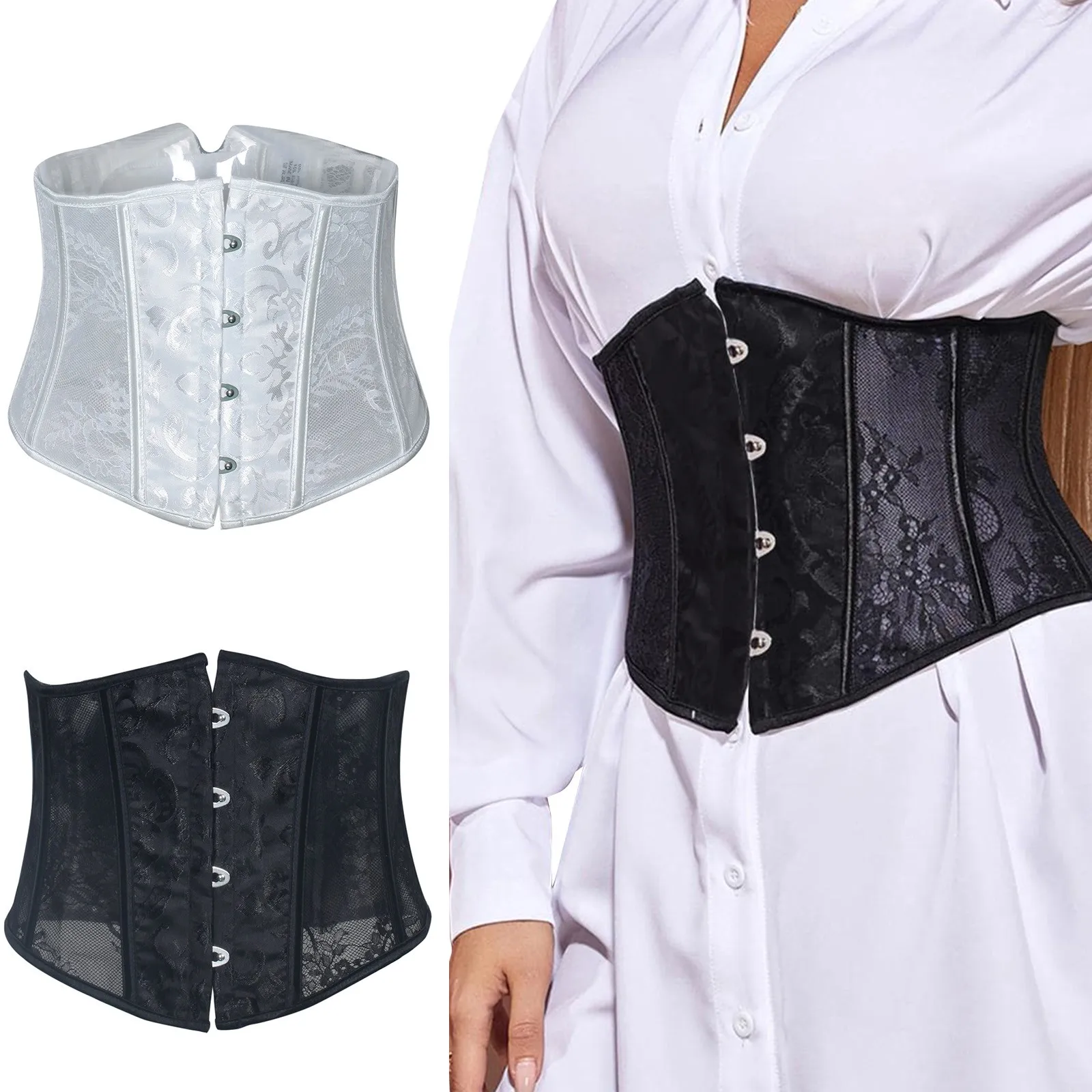 Women‘s Waist Trainer Sexy Black Mesh Corset Goth Vintage Body Belts Slimming Lingerie Lady Shapewear Lace-Up Body Shaper