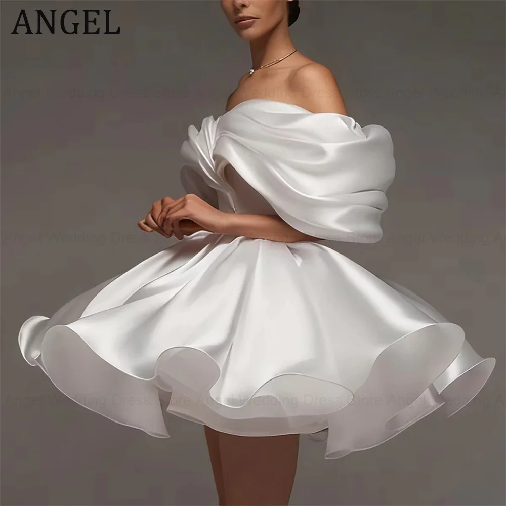 

ANGEL Modern Puffy Short Wedding Dress 2026 A Line Satin Off Shoulder Bridal Party Gown Mini Ball Gowns For Women Vestidos Novia
