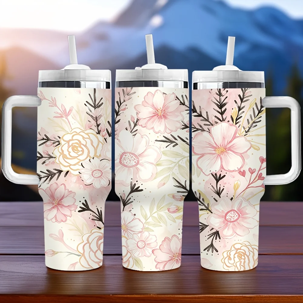 40oz Insulated Tumbler with Straw And Handle, Elegant Pink Floral Print, Perfect Festival Birthday Gift for Women And, Suitable for All Kinds Of Daily And Outdoor Activities, Offers Long Lasting Thermal Insulation