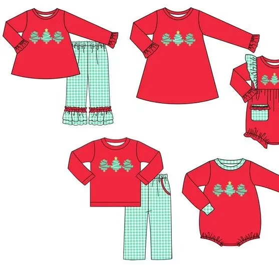 Boy Christmas Smocked Outfit Red Xmas Tree Print Kids Romper Set Sibling Matching Holiday Clothes Infant Toddler Festive Costum