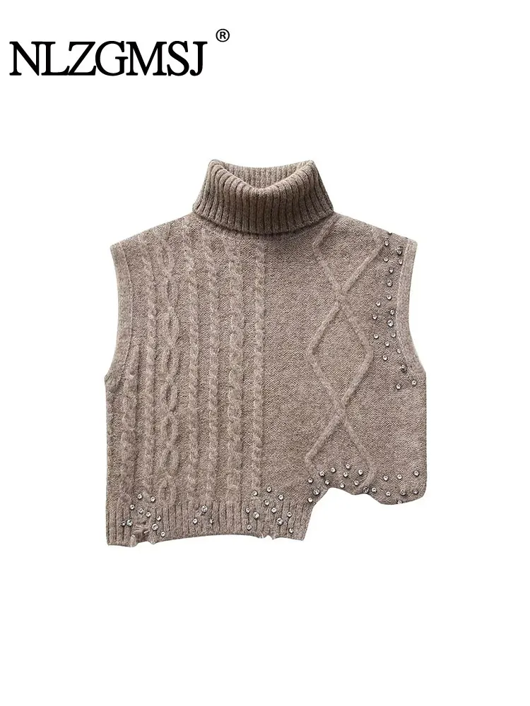 TRAF 2024 Women Vest With Rhinestone Sleeveless Sweater Knitting Vests for Women Turtleneck Pullovers Female Chic Waistcoat Tops