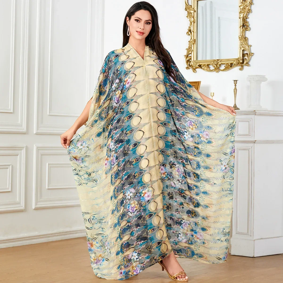 

Fashion Kaftan Abaya Dubai Floral Print Batwing Sleeve V- Neck Casual Loose Elegant Muslim Dress for Women Oversized Maxi Robe