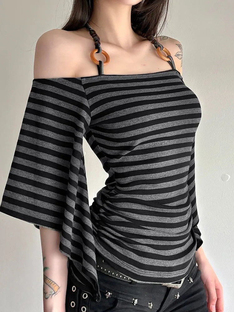 AltGoth Chic Vintage Striped T-shirt Women Aesthetic Fairycore Grunge Elegant Y2k One-off-shoulder Flare Sleeve Halter Tee Tops