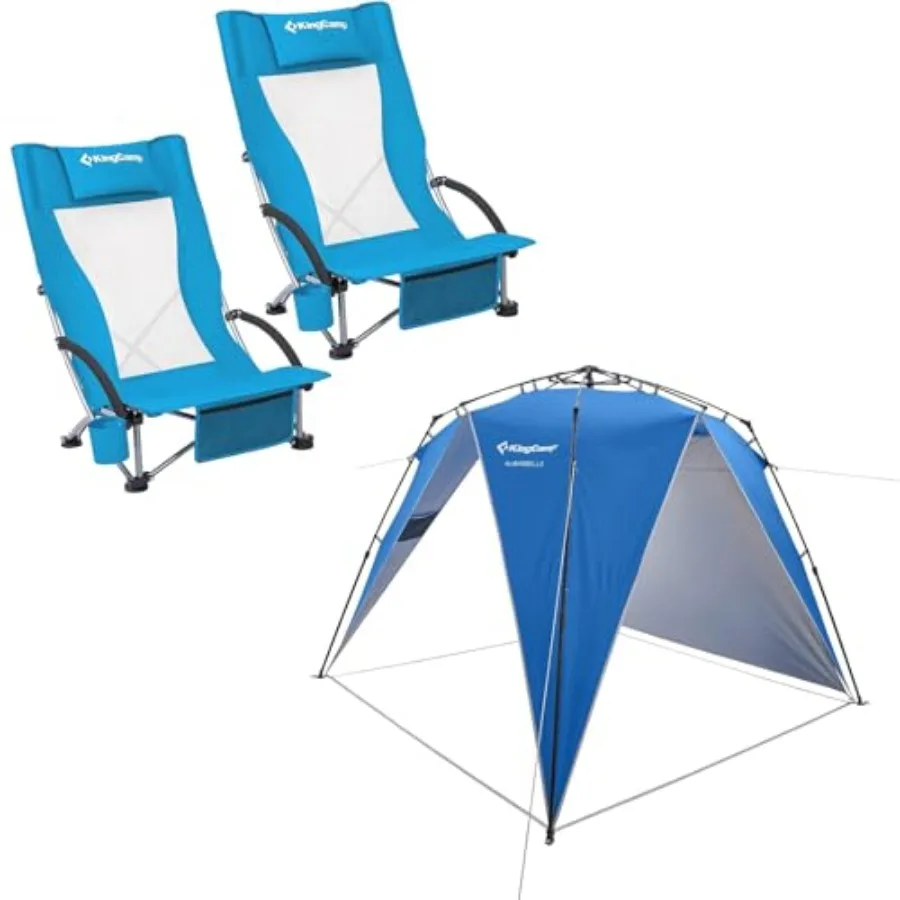 High Back Beach Chairs and Pop Up Beach Tent for outdoor use, polyester fabric, navy blue, UV-resistant and quick-dry